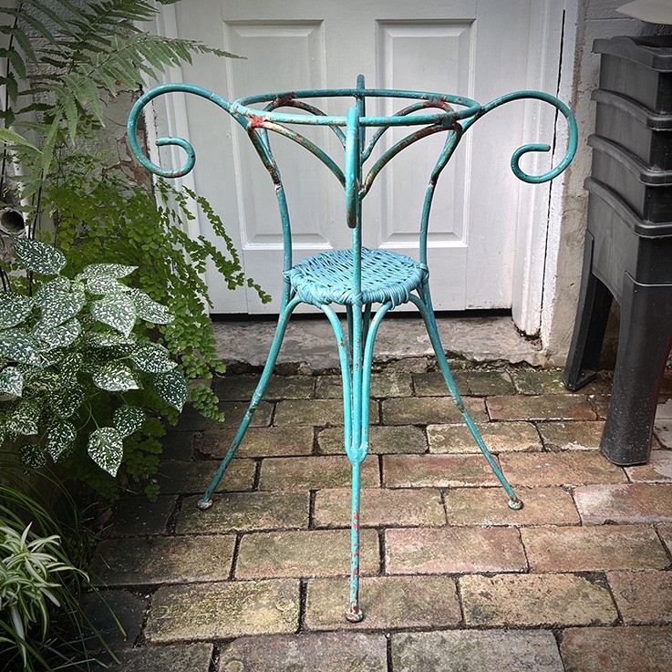 Painted Teal Iron Plant Stand with Cane Platform (signs of age) $120.00